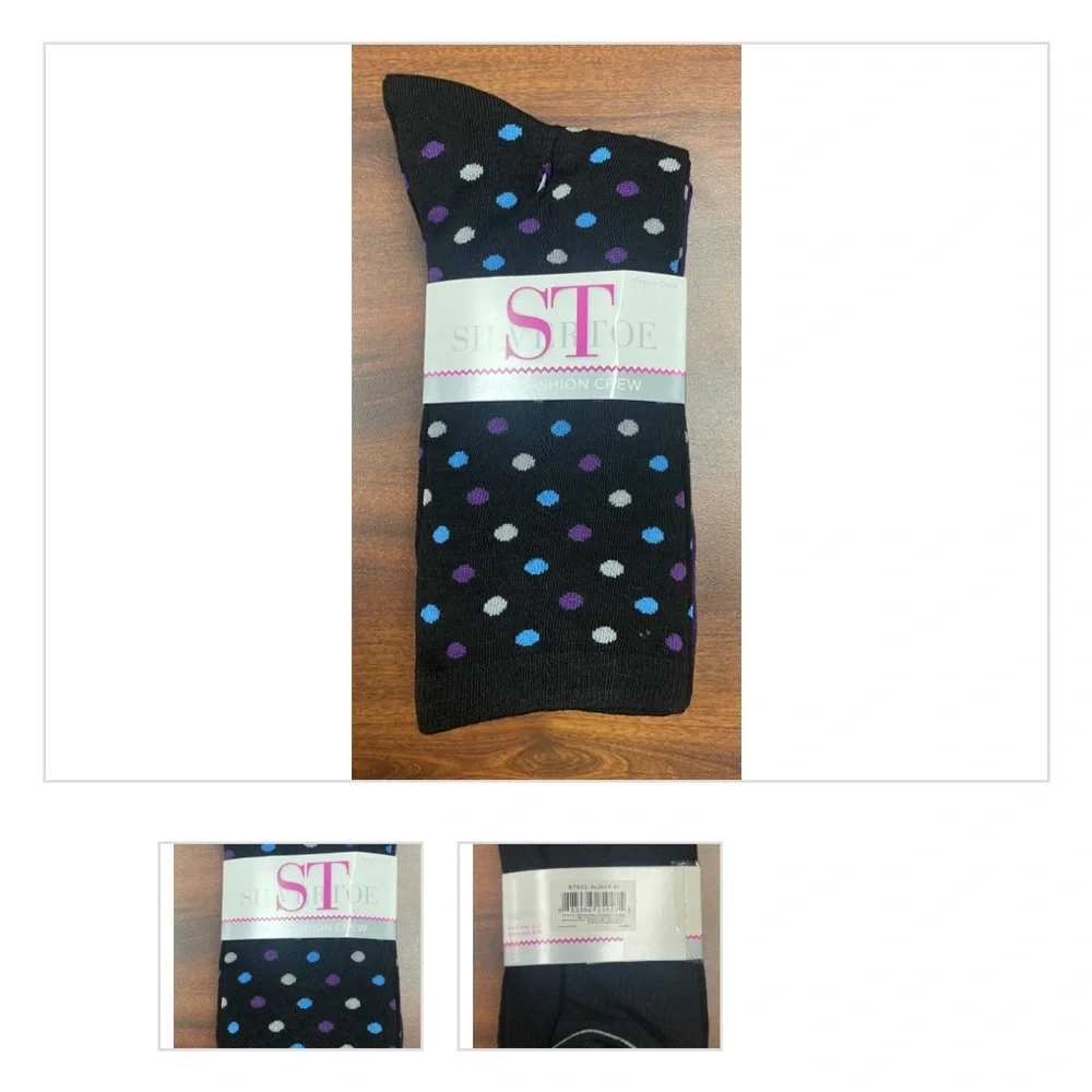 Silvertoe Women’s Crew Socks 3 Pair Pack – Black Polka Dot, Purple & Solid Black